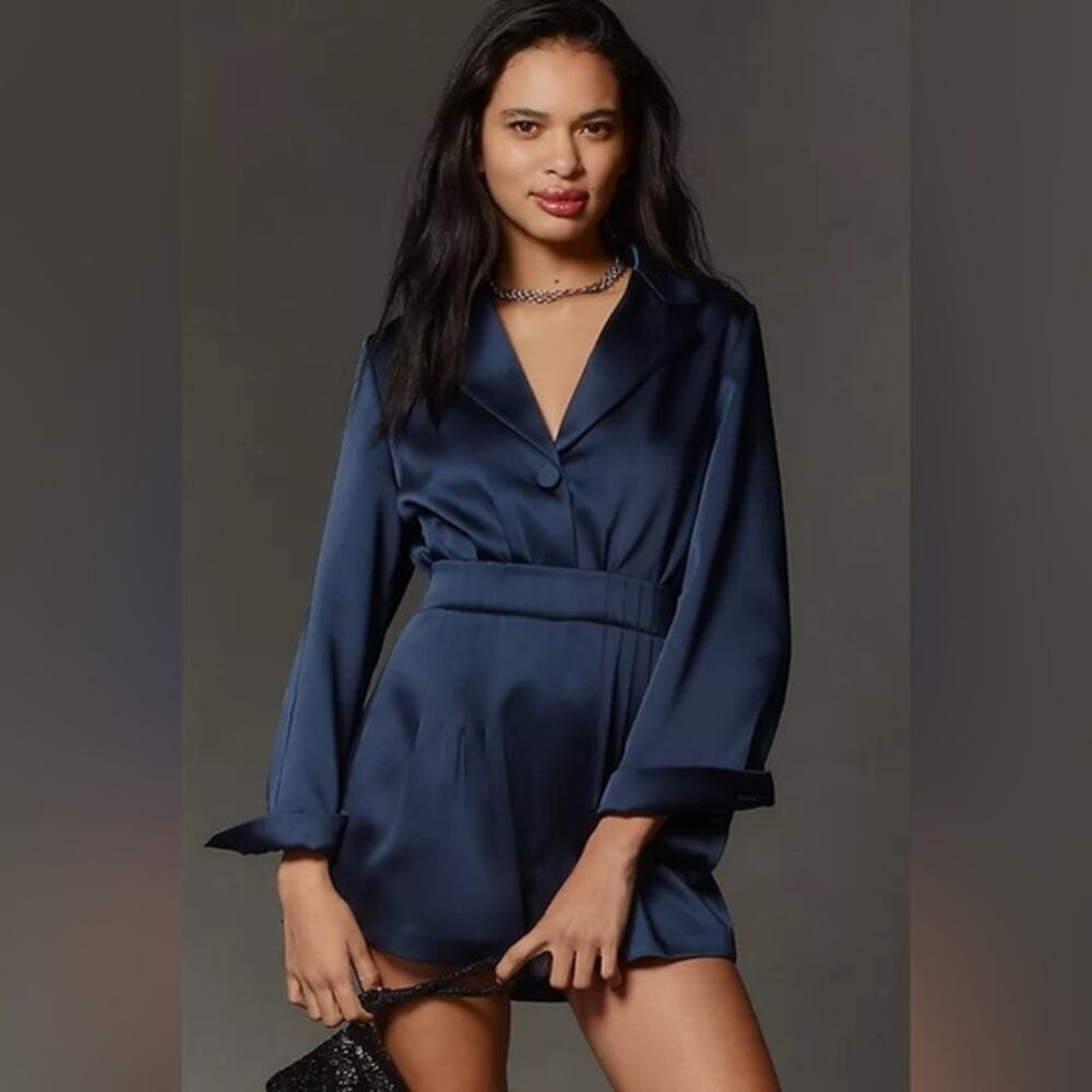 Anthropologie Mare Mare V-Neck Blazer Romper Playsuit Satin Long Sleeve L NEW